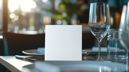 White blank space card on restaurant table background horizontal composition