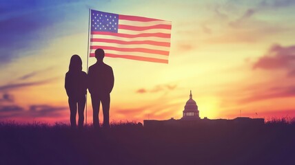 Silhouette of couple with American flag, Capitol Building and sunset in background