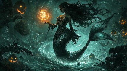 Halloween Mermaids characters A dark sorceress mermaid casting a spell with glowing runes