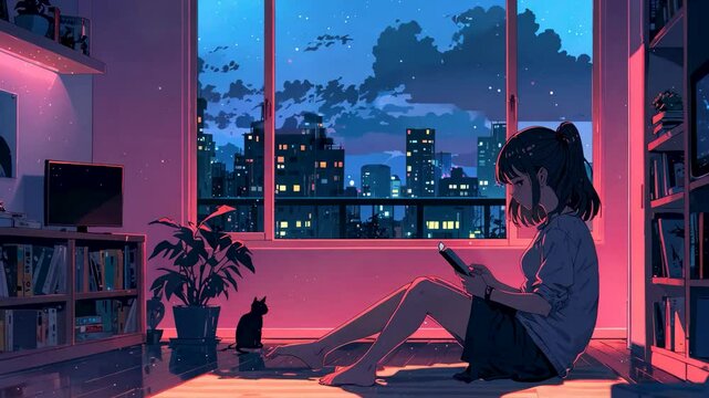 Lofi anime girl reading a book. Loop animation. Calm and cozy atmosphere. Anime style. Night scene with moving clouds behind the window