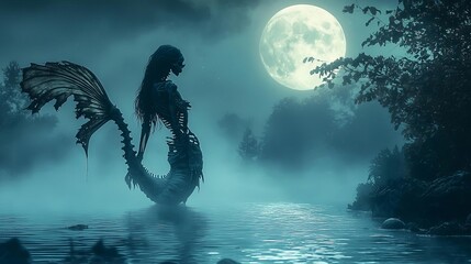 Halloween Mermaids dark Mermaid with skeletal tail and tattered fins, emerging from a foggy haunted lake under a full moon, Skeletal Mermaid, Mysterious and haunting aquatic beauty