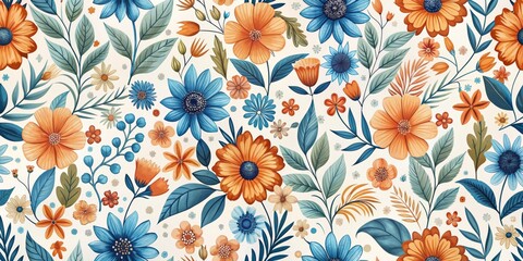 Whimsical Watercolor Floral Pattern with Blue and Orange Blooms, digital illustration, seamless pattern, floral design, nature, botanical, art