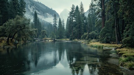 Obraz premium Peaceful river winding through Yosemite Valley with surrounding trees. 