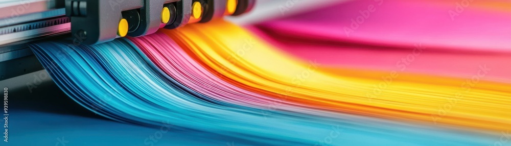 Poster vibrant ink streams flowing from a printer, showcasing a blend of colors in a creative and dynamic c