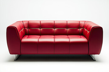 The image showcases a modern red leather sofa with sleek button detailing, positioned against a white studio background, emphasizing its contemporary and stylish design suitable for any living space.