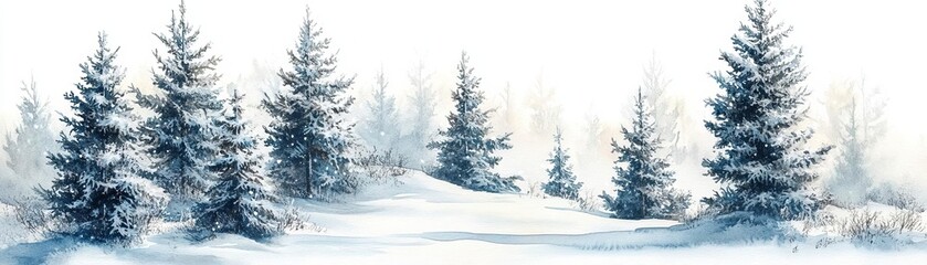 Watercolor illustration of a snowy winter scene, clipart, frosty trees and gentle snowfall, isolate on white background