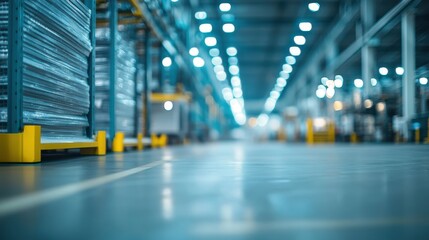 A spacious industrial warehouse with shelves and ambient lighting.