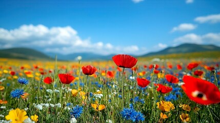 Tranquil meadow with vibrant wildflowers and a clear blue sky perfect for high-definition and calming wallpapers