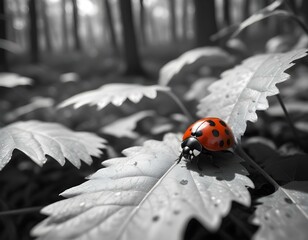 Ladybug Red Close-Up Beetle Insect in Nature Black and White Forest 