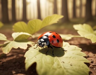 Obraz premium Ladybug on a Leaf Red Beetle with Spots in a Forest Setting