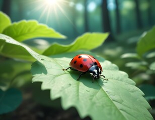 Obraz premium Ladybug on a Leaf Spring Summer Garden Red Bug Spotted Shell