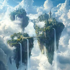 Fantasy floating islands with waterfalls and bridges in a mystical cloudscape, creating a surreal dreamlike world