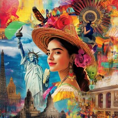 Fototapeta premium Colorful cultural collage featuring a woman in traditional attire with iconic landmarks