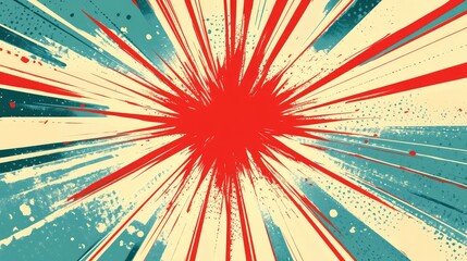 Fototapeta premium Energetic comic burst featuring a red starburst, radiating sharp lines and dotted patterns in blue and cream tones.