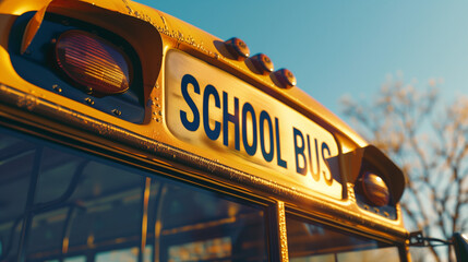 Close-Up of Yellow School Bus in Morning Light, Transportation and Education
