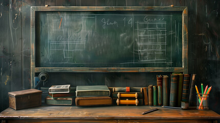 Old Classroom Chalkboard with Stacked Books and Pencils on Wooden Desk