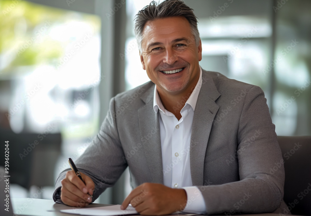 Wall mural a joyful middle-aged businessman in a grey suit, seated at an office desk.