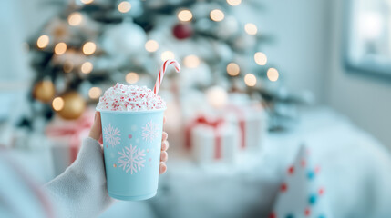 Festive Christmas togo cup filled with  hot drink, topped with whipped cream and candy cane. Hold in  hand by decorated Christmas tree. For holiday-themed promotions and winter beverages