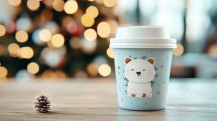Coffee cup with beer design on a wooden table in a cozy café. Winter holiday concept with a Christmas tree in the background. 