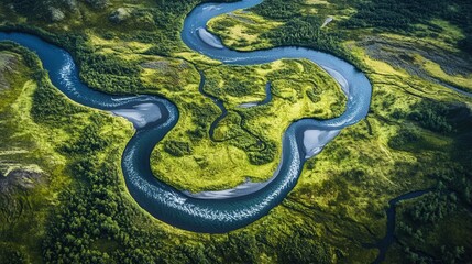 Aerial view of a river flowing through a vibrant and unique landscape.