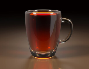 Close-up of realistic glass mug of tea or juice. 3d illustration on brown background