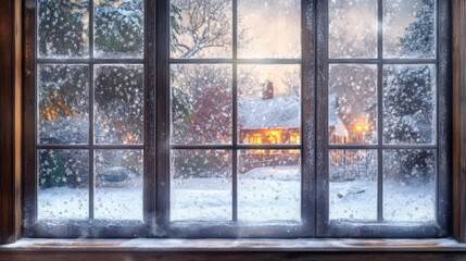 Frosted Windowpane A design that mimics the look of a frosted window, with icy patterns and a view of a cozy holiday scene outside, giving a warm and inviting feel