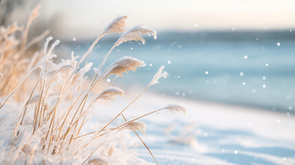 Closeup snow covered dune with dry grass near the sea under bright sunlight. Tranquility and nature concept. For poster and greeting card, background