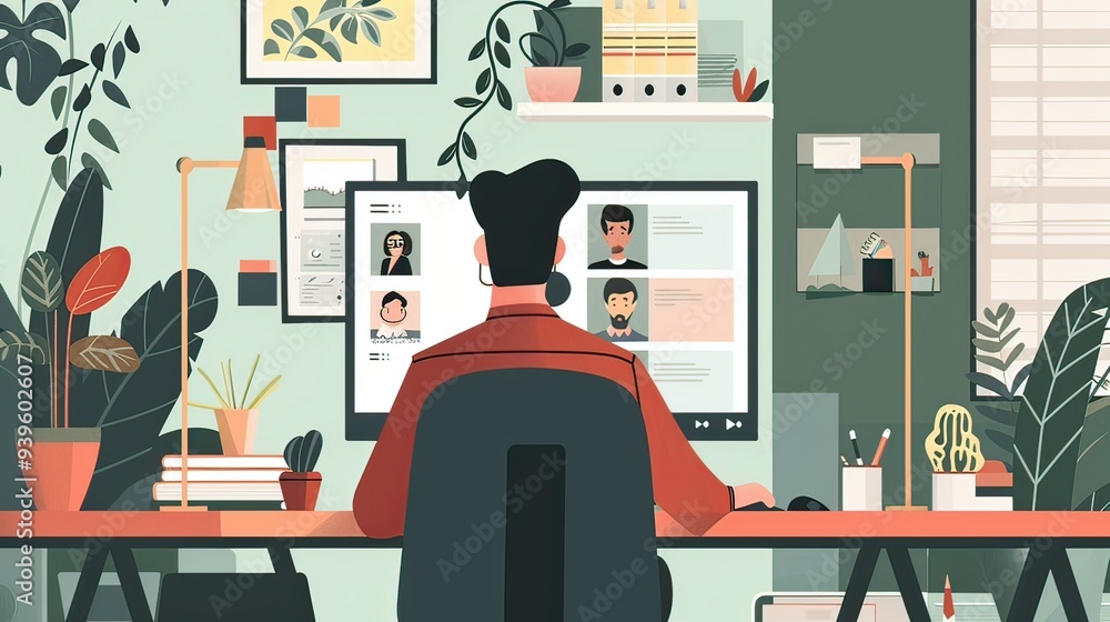 Poster image of a person engaging in a video call from a home office or remote location, with a computer sc
