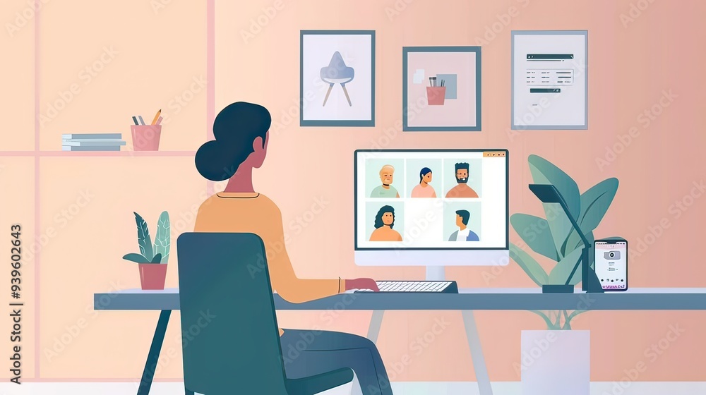 Poster image of a person engaging in a video call from a home office or remote location, with a computer sc