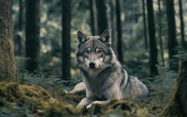 14. Sharp high-resolution image of a sleek grey wolf in a forest setting