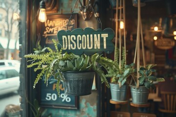 Discount Sign Hanging Amidst Greenery in a Cozy Coffee Shop 