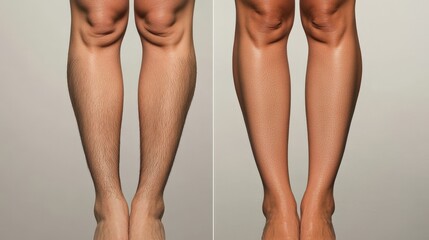 A person's legs before and after treatment, emphasizing the difference in skin tone and texture. The transformation is clear, with smooth and even skin after