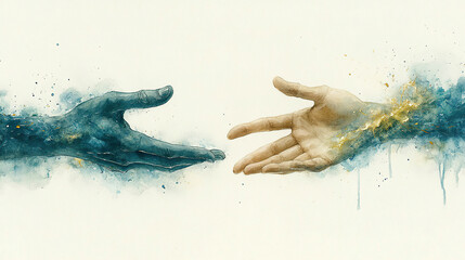 Two hands reaching for each other in a watercolor painting, symbolizing connection and unity. Generated by AI.