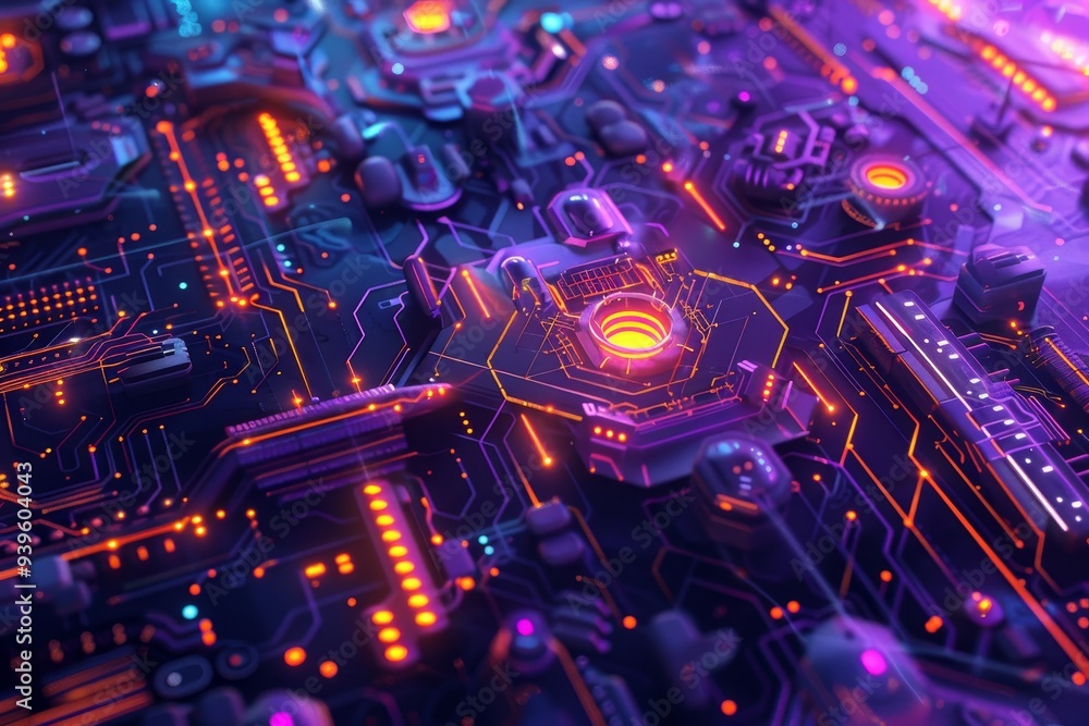 Poster A futuristic circuit board glowing with orange and purple lines, showcasing the interconnectedness of electronic elements in a highly detailed manner.