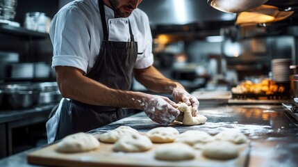 Kneading dough for baking by the chef in the kitchen.