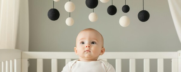 A curious baby gazes at a mobile of black and white balls hanging above their crib, creating a serene atmosphere in the nursery.