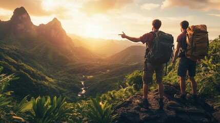 Two young men hike a beautiful mountain, capturing sunset moments with backpacks by a stream.