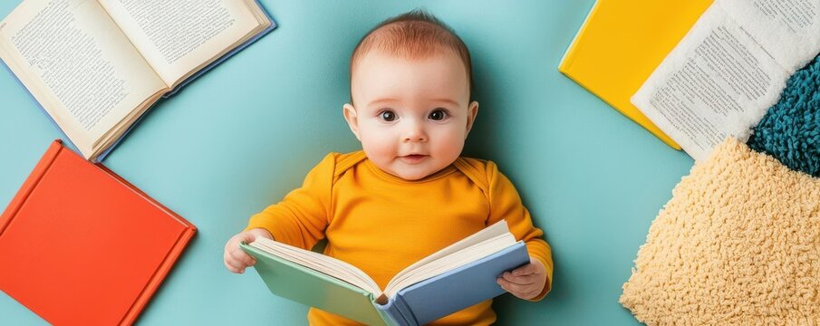 A joyful baby enjoys reading a colorful book surrounded by various children's books, fostering a love for learning.
