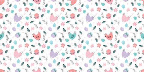 Obraz premium Easter seamless pattern. Chicken , Easter eggs, willow background