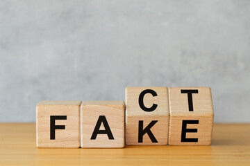 Fact and fake. Conceptual words. Wooden cubes with the word Fake changing into the word Fact, copy space