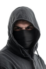 Naklejka premium A hooded figure with a concealed face in a dark setting evokes intrigue and mystery. The individual stands confidently, hinting at secrecy and stealth. Transparent background PNG