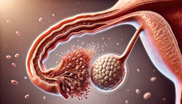 cross-sectional female ovary during ovulation phase menstrual cycle. follicle releasing an egg (oocyte) into the fallopian tube. structure of the ovary, egg towards tube.