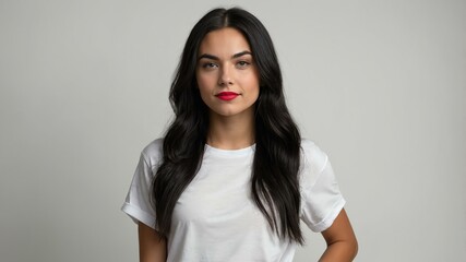 Fototapeta premium teen stunning black hair white woman with red shirt model portrait standing straight on a plain white background for ad concept space for text