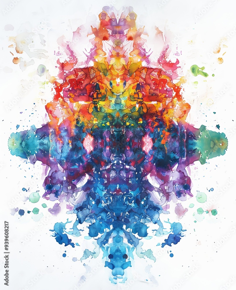 Poster An intricate symmetrical pattern combining vibrant colors and splatters against a white background, creating a captivating abstract design.