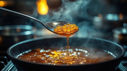 Spoon Dripping Golden Liquid in a Steamy Pan