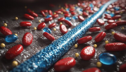 Glucose molecules invading bloodstream, struggling with insulin resistance, diabetes theme, 3D illustration