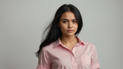 Fototapeta premium teen stunning black hair finnougric woman generic shirt model portrait standing straight on a plain white background for ad concept space for text