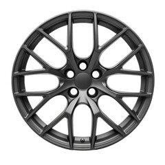 Obraz premium This black alloy wheel features a sleek, modern design perfect for enhancing the look of any vehicle. Ideal for automotive projects, it stands out with its unique style. Transparent background PNG