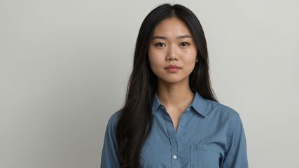 Fototapeta premium teen stunning black hair east asian woman generic shirt model portrait standing straight on a plain white background for ad concept space for text