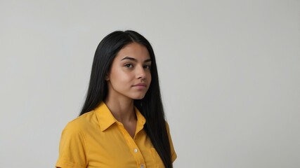 Obraz premium teen stunning black hair caucasian woman with yellow shirt model portrait standing straight on a plain white background for ad concept space for text